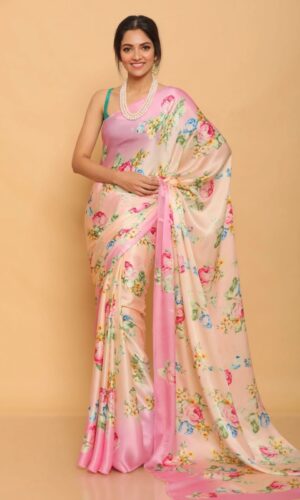 Home floral heavy satin saree online – japan satin printed saree with blouse