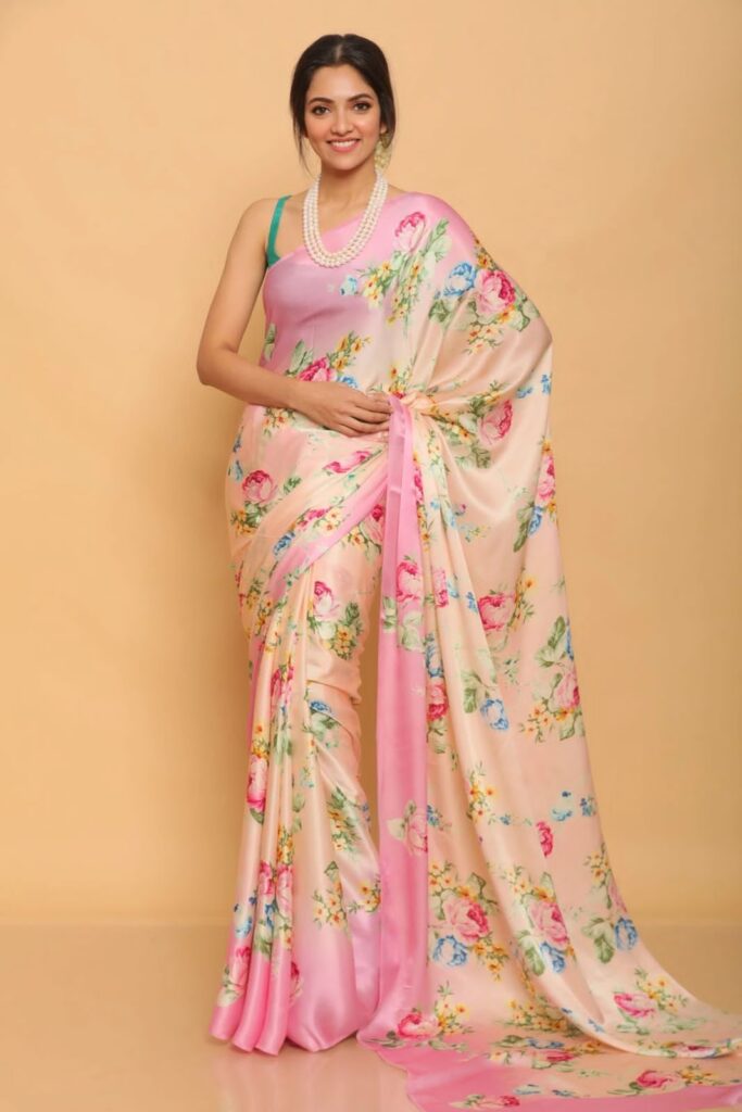 floral heavy satin saree online – japan satin printed saree with blouse