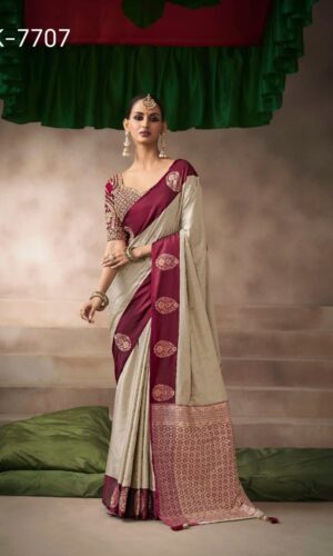Home Latest Kalki Silk Saree Design – Satin Silk Saree with Embroidered Blouse