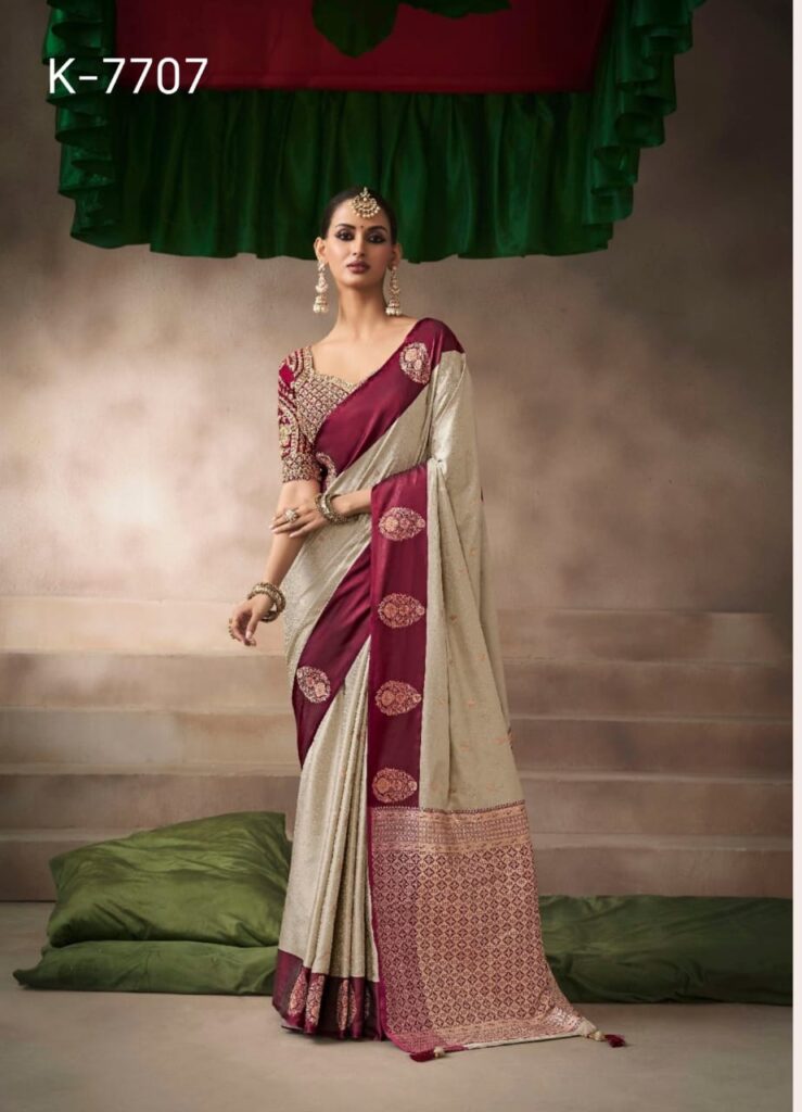 Latest Kalki Silk Saree Design – Satin Silk Saree with Embroidered Blouse