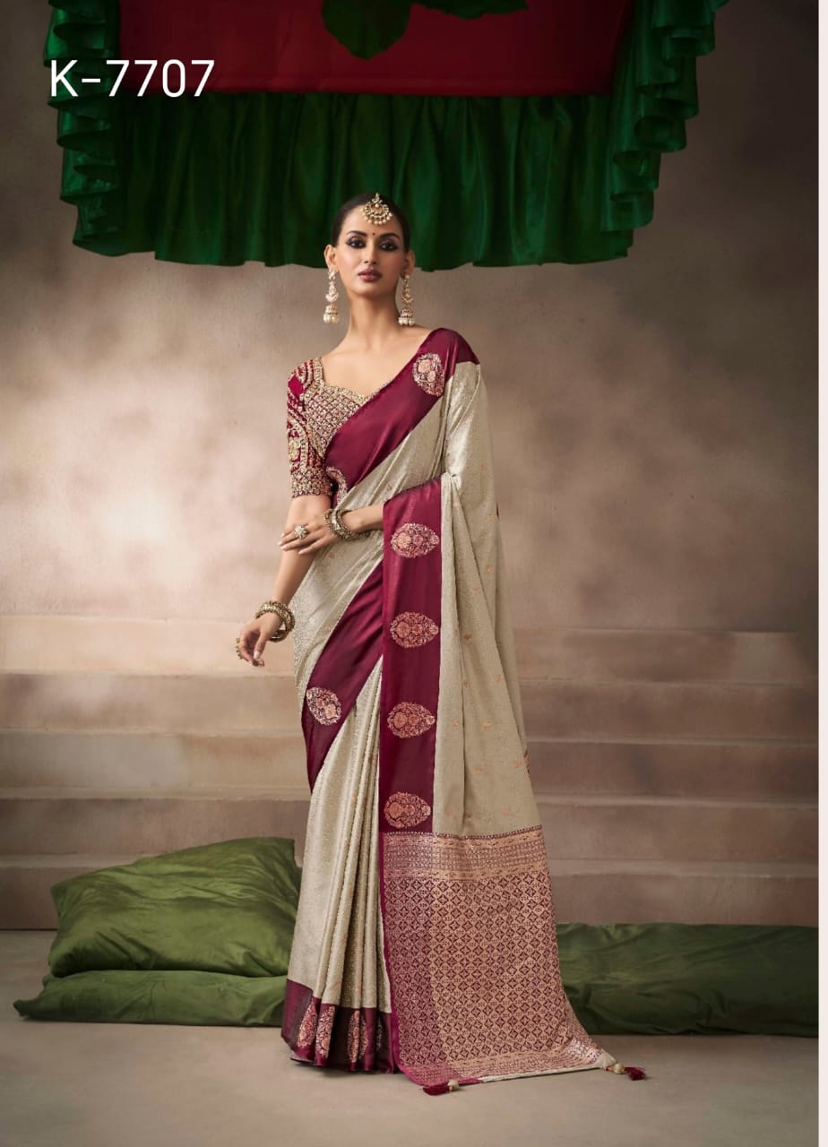 Latest Kalki Silk Saree Design – Satin Silk Saree with Embroidered Blouse Latest Kalki Silk Saree Design – Satin Silk Saree with Embroidered Blouse
