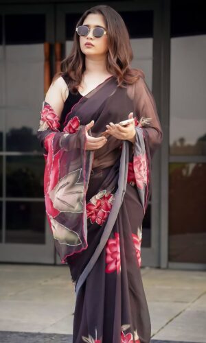 Home Soft Pure Georgette Handwork Saree – Digital Print Khatli Work Saree Online