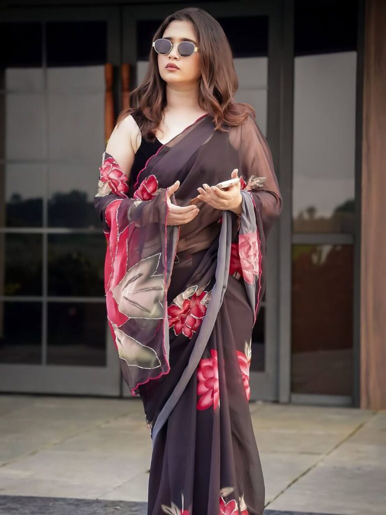 Soft Pure Georgette Handwork Saree – Digital Print Khatli Work Saree Online
